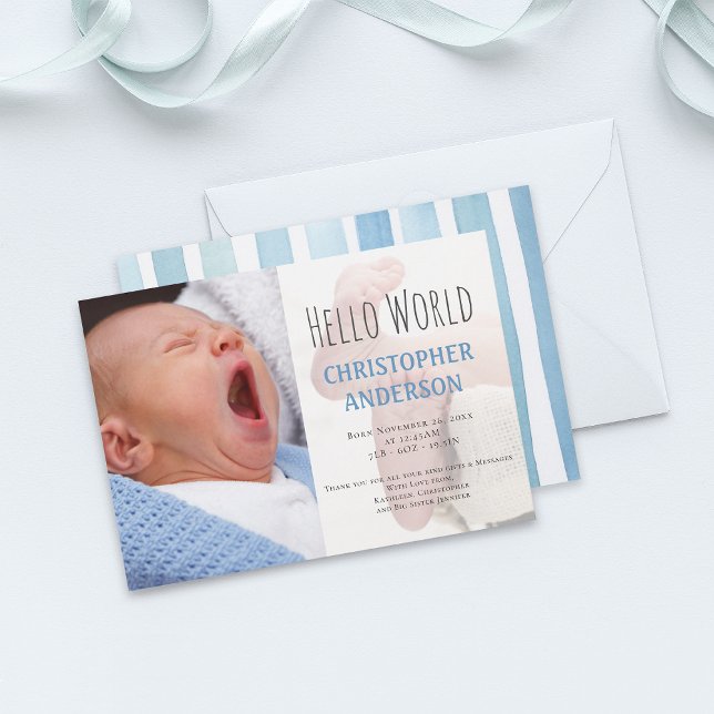 Elegant Script Welcome Baby boy Photo Blue Birth Announcement (Creator Uploaded)
