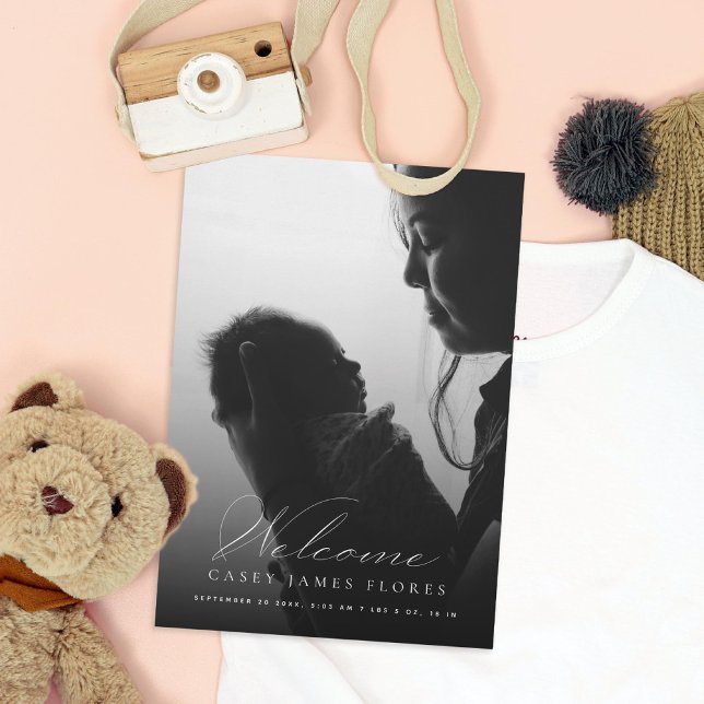 Elegant Script Welcome Baby Photo Birth Announcement (Creator Uploaded)