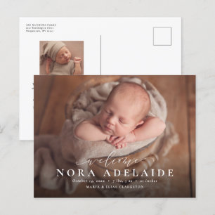 Elegant script welcome simple birth announcement postcard