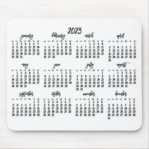 Elegant Script White And Black Calendar 2023 Mouse Pad