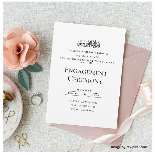 Elegant Script White Black Muslim Engagement Party Invitation (Creator Uploaded)