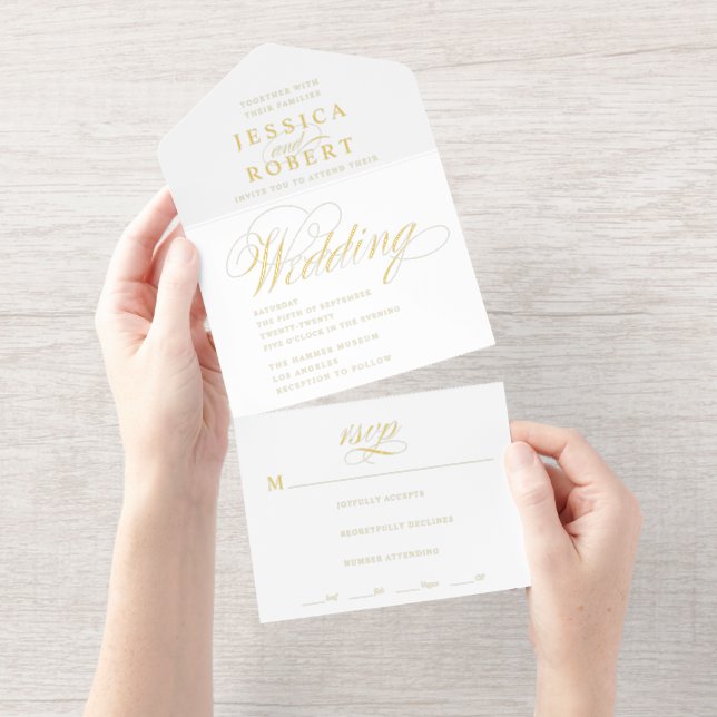 Elegant Script White Calligraphy Wedding Foil All In One Invitation (Tearaway)