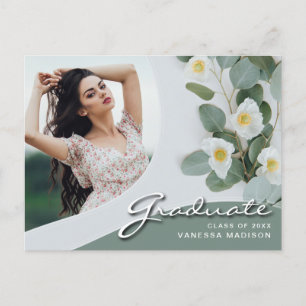 Elegant Script White Flowers Modern Photo Grad Postcard