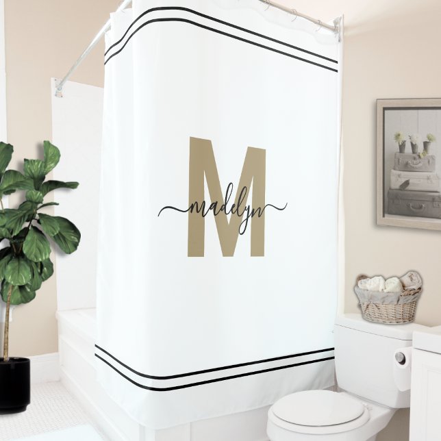 Elegant Script White Gold Monogram Name Feminine Shower Curtain (Elegant Script White Gold Monogram Name Feminine Shower Curtain)