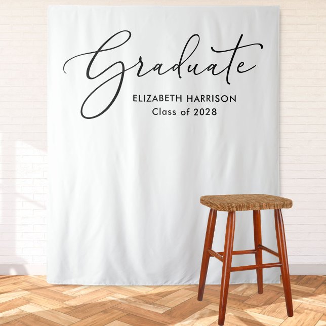 Elegant Script White Graduation Backdrop Tapestry (Creator Uploaded)