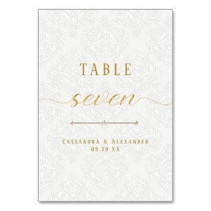 Elegant Script White Lace Gold 7 Seven Wedding Table Number