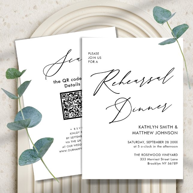 Elegant Script White Rehearsal Dinner QR code Invitation (Creator Uploaded)