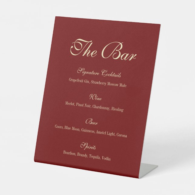 Elegant Script Wine Red Wedding Bar Menu Pedestal Sign (Front)
