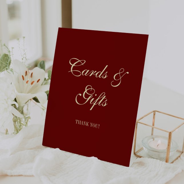 Elegant Script Wine Red Wedding Cards & Gifts Pedestal Sign (Creator Uploaded)