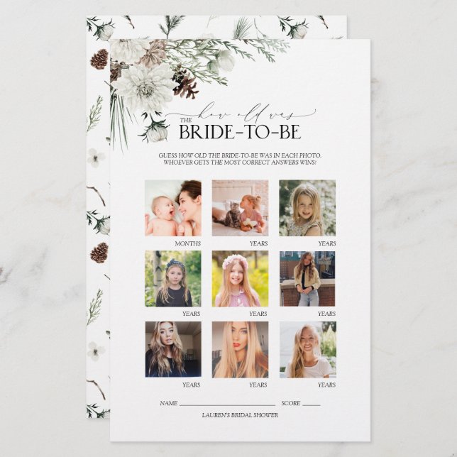 Elegant Script Winter Floral Bridal Shower Game (Front/Back)