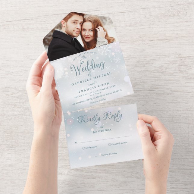 Elegant Script Winter Snowflakes Photo Wedding All In One Invitation (Tearaway)