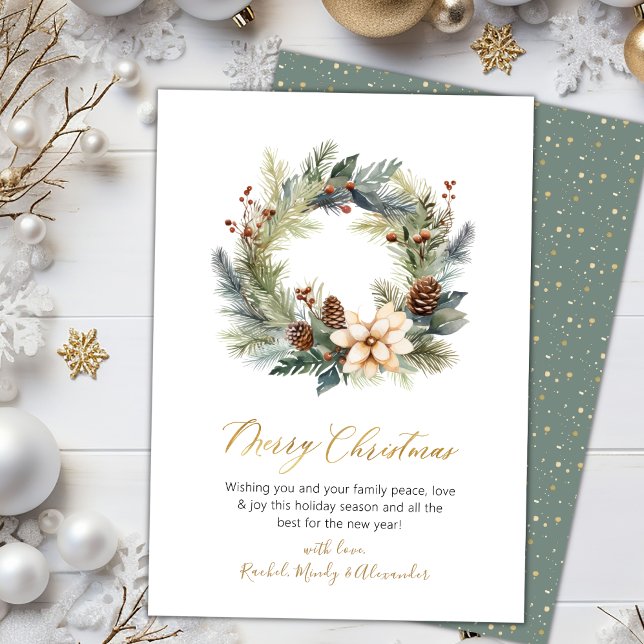Elegant Script Wreath Greenery Christmas Card (Creator Uploaded)