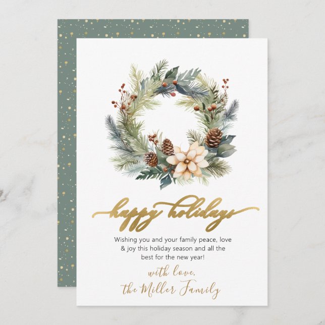 Elegant Script Wreath Greenery Happy Holidays Card (Front/Back)