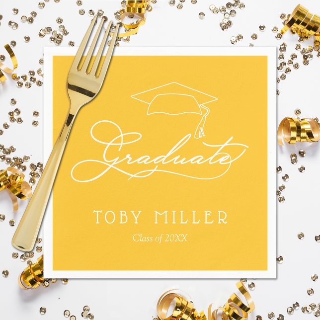 Elegant Script Yellow Gold Graduation Napkins (White script grad cap on yellow personalized graduation party napkins, paper plates in our store)