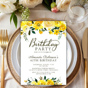 Elegant  Script Yellow Rose Floral 60th Birthday Invitation