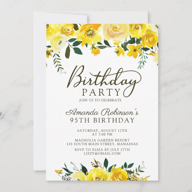 Elegant  Script Yellow Rose Floral 95th Birthday Invitation (Front)