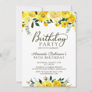 Elegant  Script Yellow Rose Floral 95th Birthday Invitation
