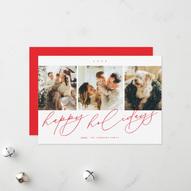Elegant Scripted Happiest Holidays 3 Family Photo Holiday Card (Front/Back In Situ)