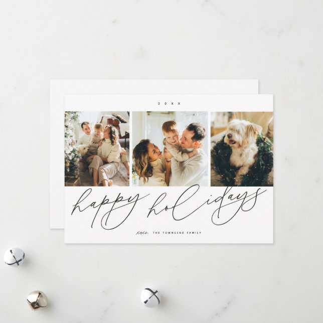 Elegant Scripted Happiest Holidays 3 Family Photo Holiday Card (Front/Back In Situ)