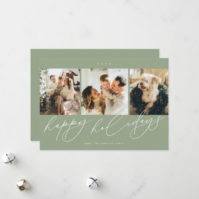 Elegant Scripted Happiest Holidays 3 Family Photo Holiday Card (Front/Back In Situ)