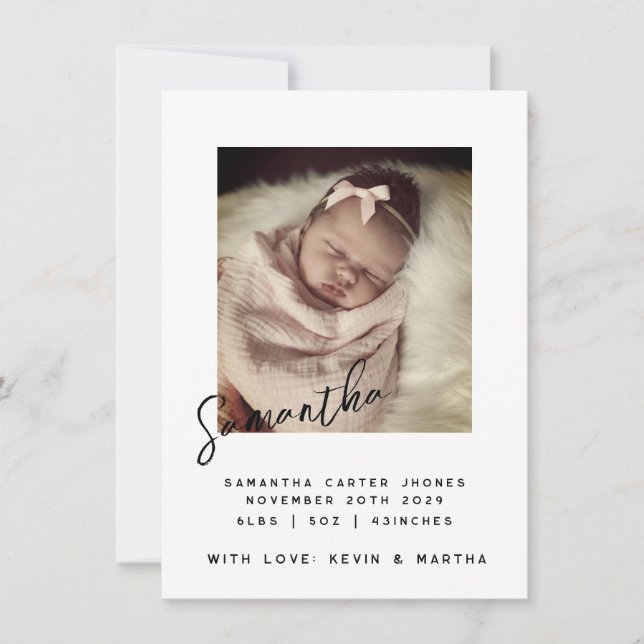 Elegant Scripted Name Newborn Photo Announcement (Front)