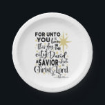 Elegant Scripture Christmas Birth of Christ Luke 2 Paper Plate<br><div class="desc">Elegant Scripture Christmas Birth of Christ Luke 2 Paper Plates
Celebrate the real meaning of Christmas at your next gathering. This design features black typography and gold stars and features the verse,  Luke 2:11.</div>