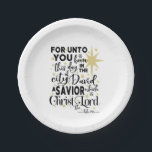 Elegant Scripture Christmas Birth of Christ Luke 2 Paper Plate<br><div class="desc">Elegant Scripture Christmas Birth of Christ Luke 2 Paper Plates
Celebrate the real meaning of Christmas at your next gathering. This design features black typography and gold stars and features the verse,  Luke 2:11.</div>