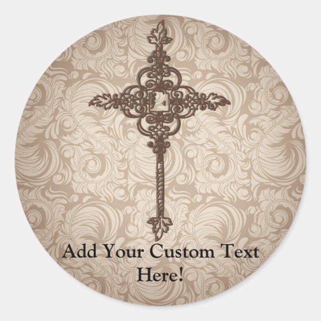 Elegant Scroll Christian Cross w/Swirl Background Classic Round Sticker (Front)