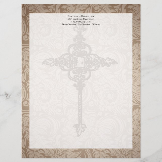 Elegant Scroll Christian Cross w/Swirl Background Letterhead Template (Front)