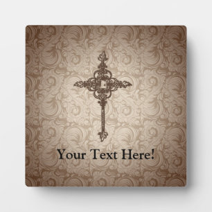 Elegant Scroll Christian Cross w/Swirl Background Plaque