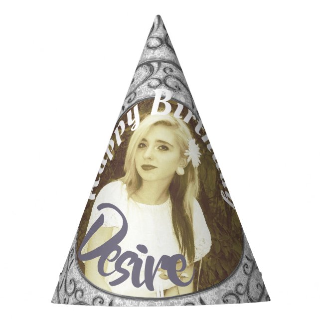 Elegant Scroll Photo Insert Party Hat Personalised (Front)