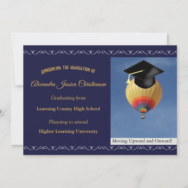 Elegant Scroll Script Hot Air Balloon Graduate Announcement (Front)