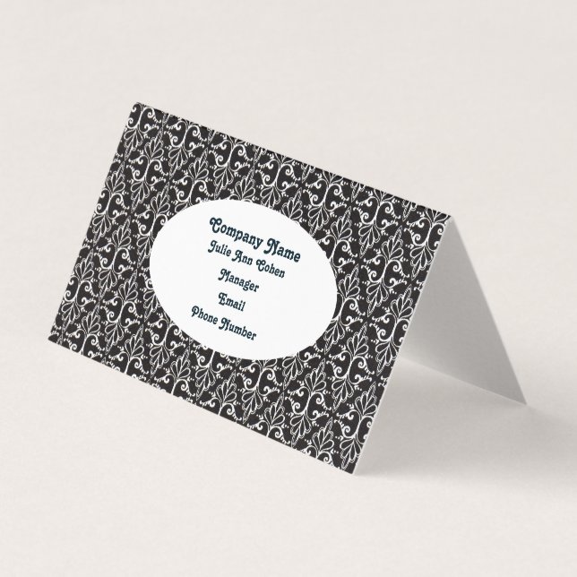 Elegant Scrolled Black White Damask Design Business Card (Front)