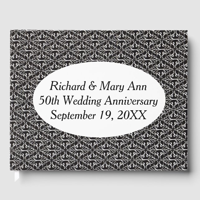 Elegant Scrolled Black White Damask Pattern Guest Book (Front)