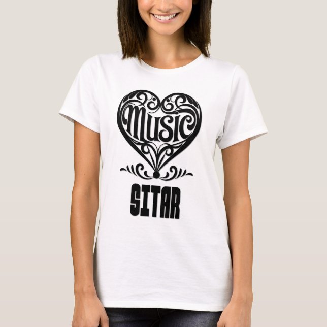 Elegant Scrolled Heart for Sitar Lovers T-Shirt (Front)