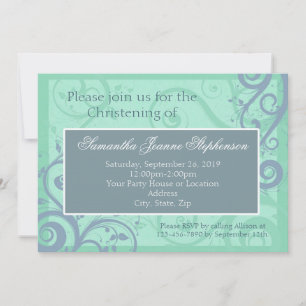 Elegant Scrolls Blue Baby Christening / Baptism Invitation