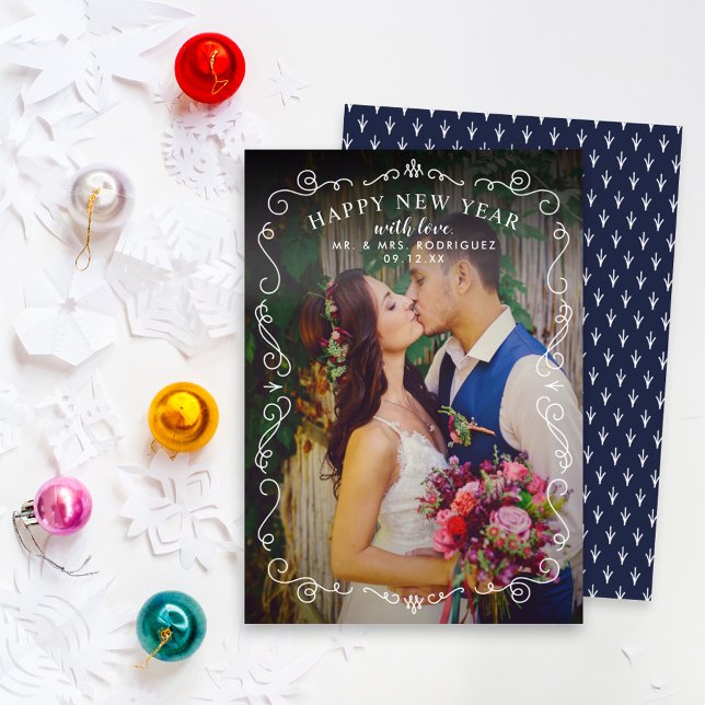 Elegant Scrolls Happy New Year Navy Blue Photo Holiday Card (Creator Uploaded)