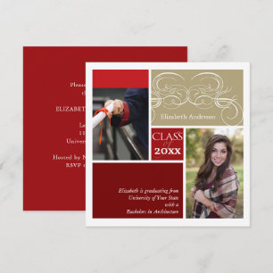 Elegant Scrolls Red Two Photo Graduation Party Invitation