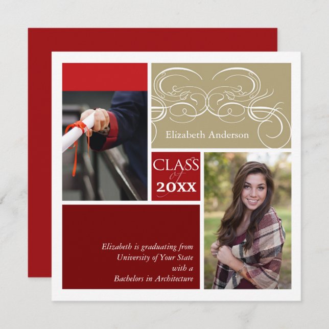 Elegant Scrolls Red Two Photo Graduation Party Invitation (Front/Back)
