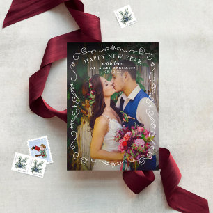 Elegant Scrolls Wine Newlywed New Year Photo Holiday Card