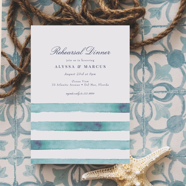 Elegant Sea Aqua Stripes Nautical Rehearsal Dinner Invitation (Creator Uploaded)