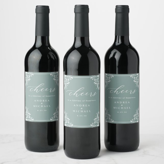 Elegant Sea Glass Green Wedding Wine Wine Label (Bottles)