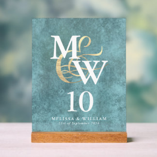 Elegant Sea Glass Monogram Wedding Table Number Acrylic Sign