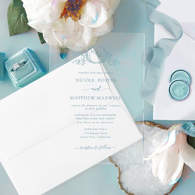 Elegant Sea Glass Royal Crown Wreath Monogram Acrylic Invitations (Creator Uploaded)