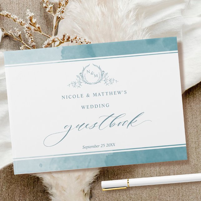 Elegant Sea Glass Watercolor Monogram Wedding Guest Book (Creator Uploaded)