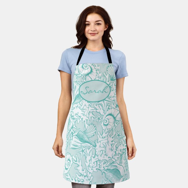 Elegant Sea Green Seashell Personalised Apron (Worn)