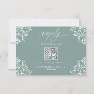 Elegant Sea Green Vintage Wedding QR Code RSVP Card