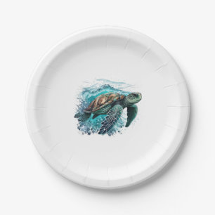 Elegant Sea Turtle Swimming In The Blue Ocean Paper Plate