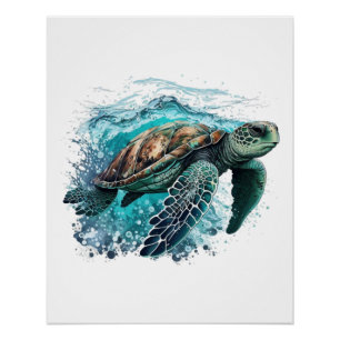 Elegant Sea Turtle Swimming In The Blue Ocean Poster