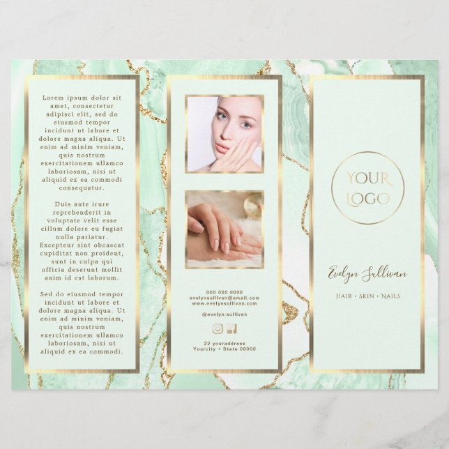 Elegant Seafoam Green and Gold Agate Brochure (Front)